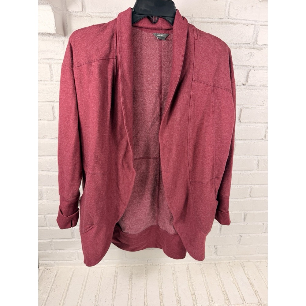 Eddie Bauer Womens M Camp Fleece Wrap Cardigan Burgundy Open Front Thumbholes